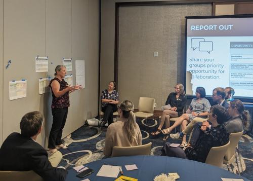 A group of professionals sit in chairs and listen to a person presenting posters at the front of a room.